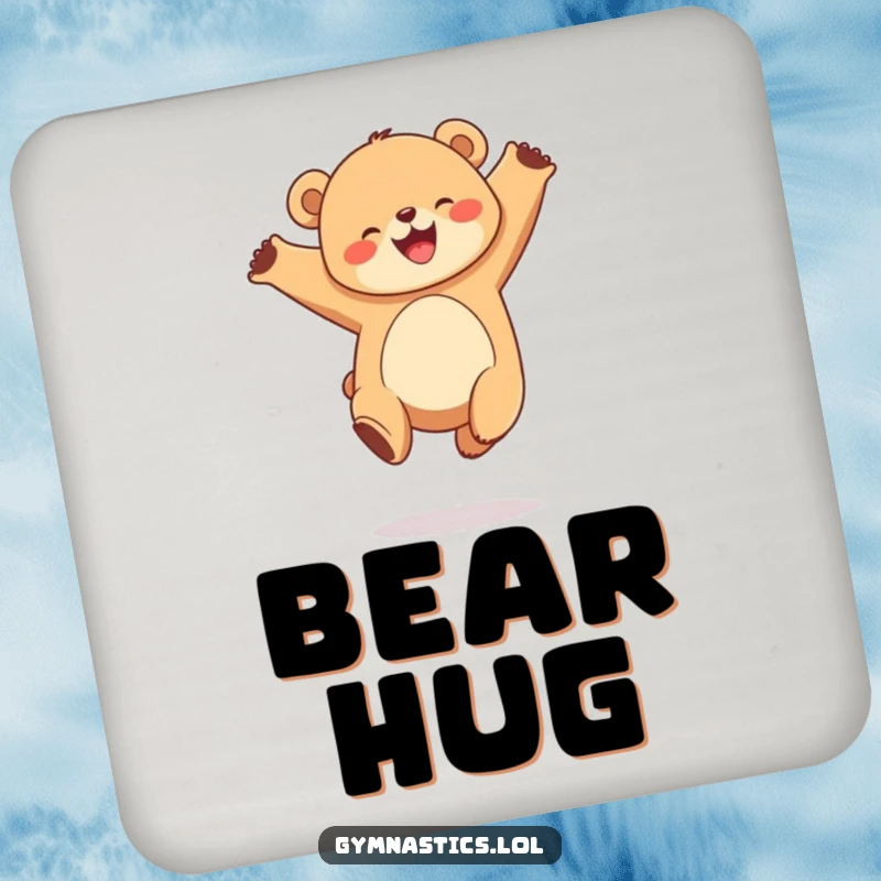 Funny drink coaster featuring a joyful, round bear cub performing a graceful leap in the air, adding humor to tabletops.