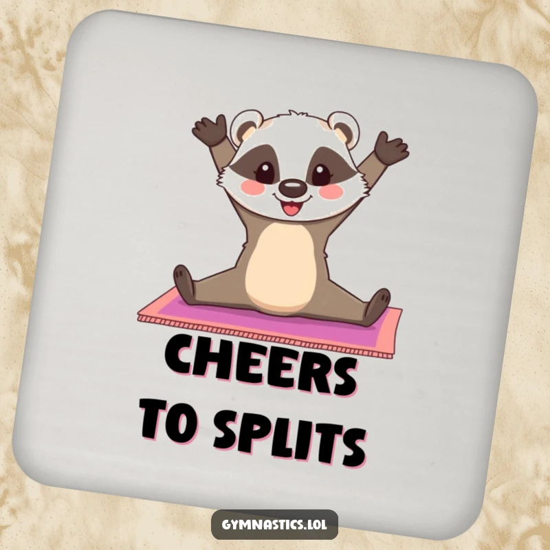 Funny Badger Coaster: A cheerful badger does a split on a colorful gymnastics mat, offering surface protection with cheerful flexibility, a great funny gift.