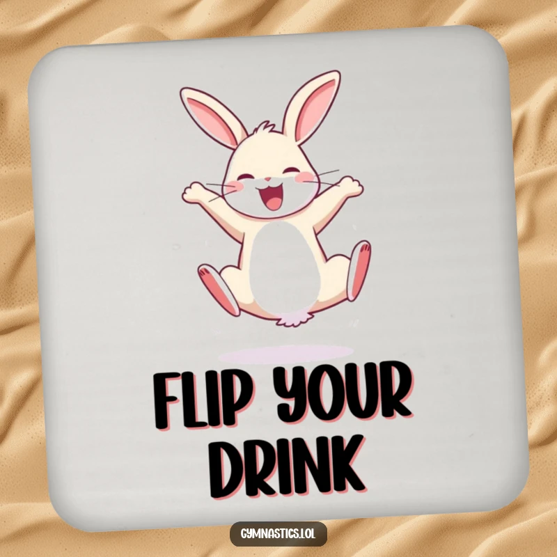 Funny drink coaster featuring a bouncy rabbit performing a cartwheel with sheer joy, protecting surfaces with humor.