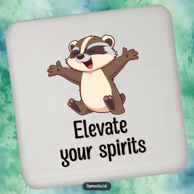 Funny badger coaster displaying a graceful badger leaping mid-flight with arms outstretched, offering humorous and reliable drink protection.