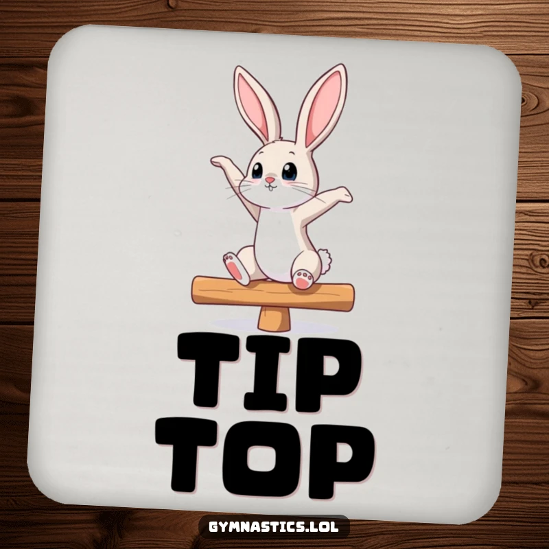 Funny bunny balance beam coaster featuring a curious bunny stretching, looking up, protecting surfaces with a humorous and agile design.