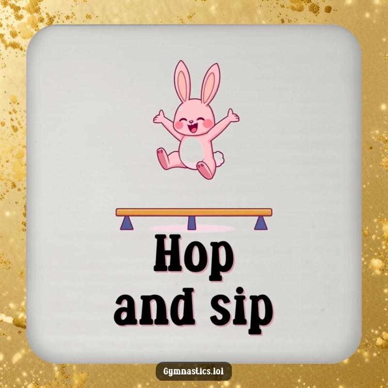 Funny bunny balance beam coasters showing a pink bunny leaping high in the air with arms outstretched, for humorous and practical surface protection.