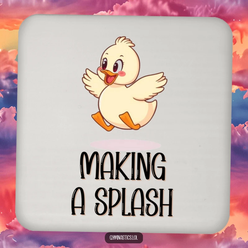 Funny duck jumping with glee printed on a coaster, offering humorous surface protection.