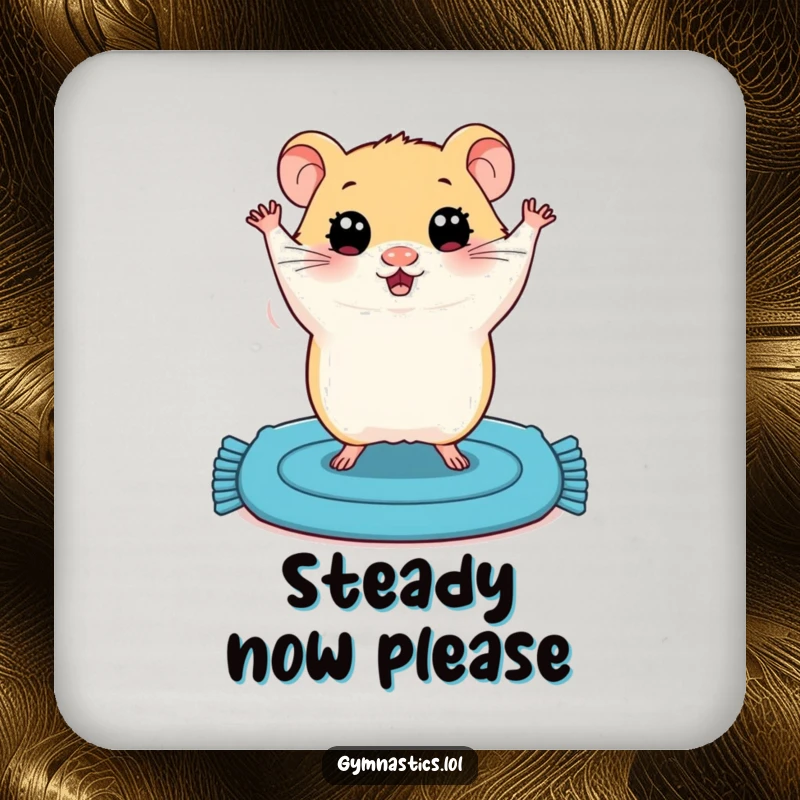 Funny drink coaster with a plump hamster, wide eyes, attempting a shaky handstand on a small blue mat, adding humor to surfaces.