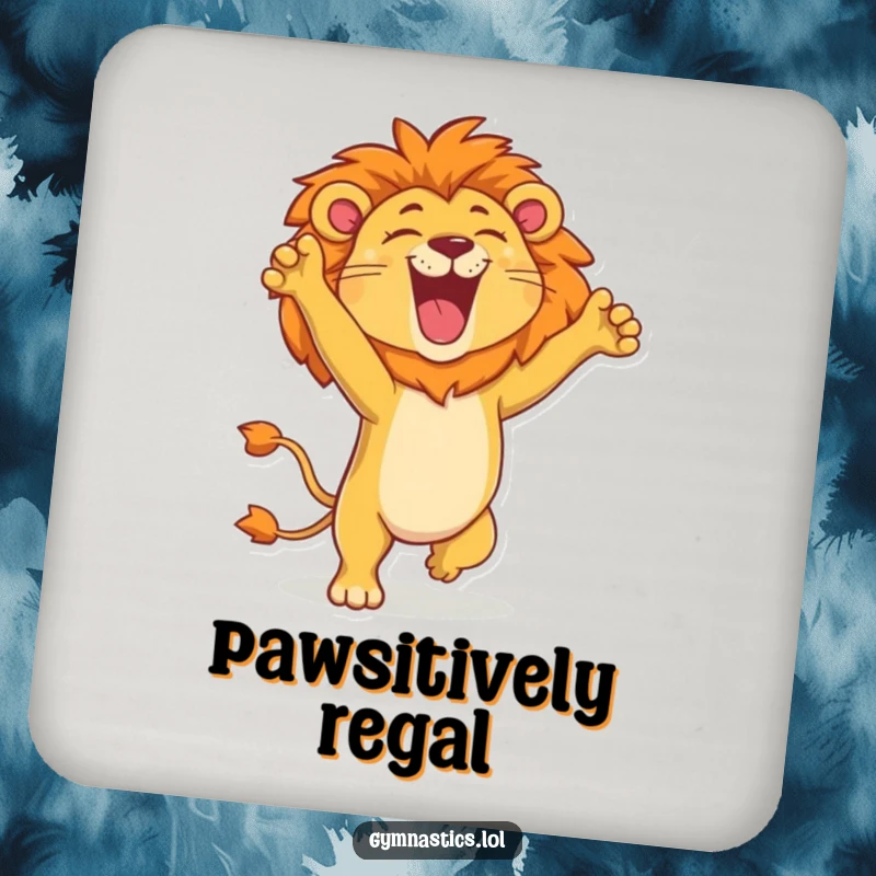 Funny lion coasters featuring a proud lion in a handstand, roaring with glee, adding a touch of majestic humor.