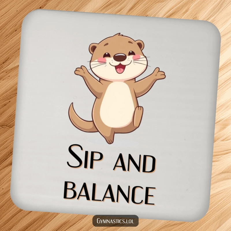 Funny otter coaster displaying a happy otter balancing on one hand, legs in the air, offering humorous and reliable drink protection.
