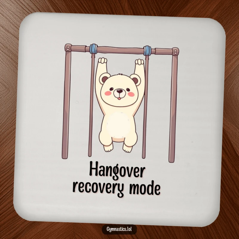 Funny Bear Gymnastics Coaster: A proud bear hangs upside down from uneven bars, offering a humorous and protective surface for drinks.