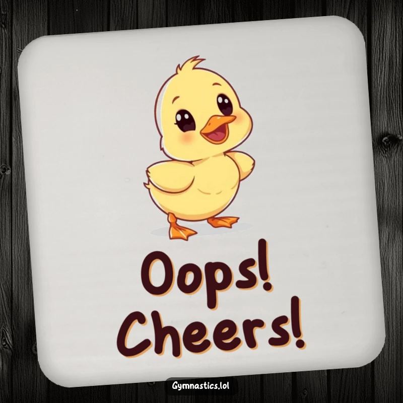 Funny wobbly duckling tumbling forward with a surprised expression on a drink coaster, adding humor to beverage service.