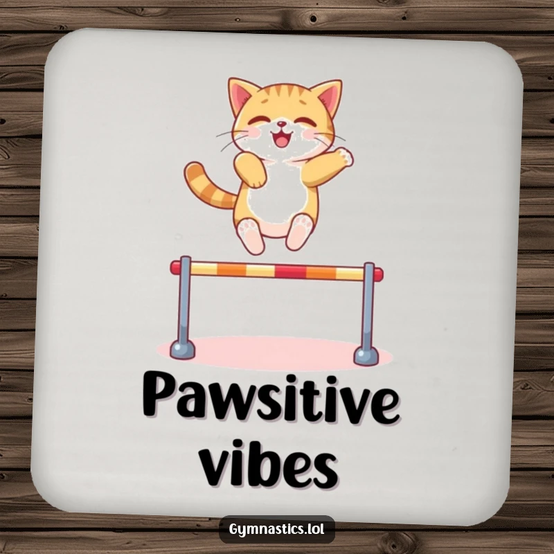 Funny Cat Coaster: A confident cat leaps over a miniature hurdle with ease, offering surface protection with feline agility, a great funny gift.