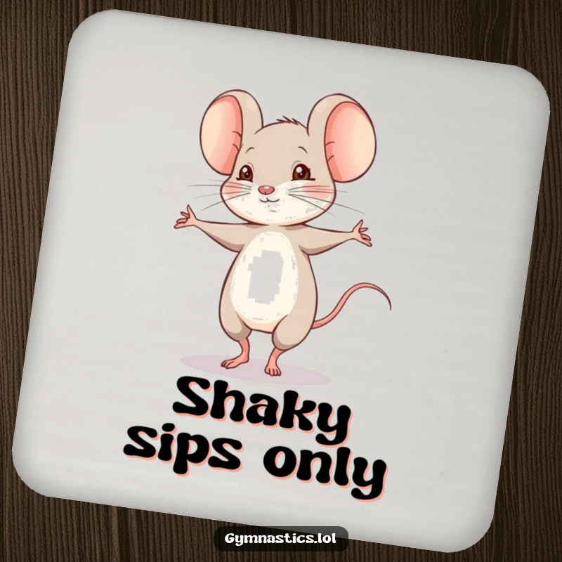 Funny shy mouse doing a shaky pirouette on a drink coaster, a charming and humorous accessory for tables.