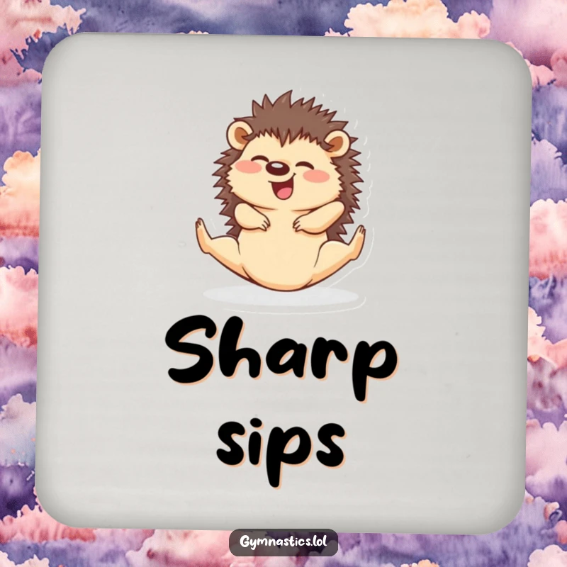 Funny hedgehog in a split pose printed on a coaster, offering humorous surface protection.