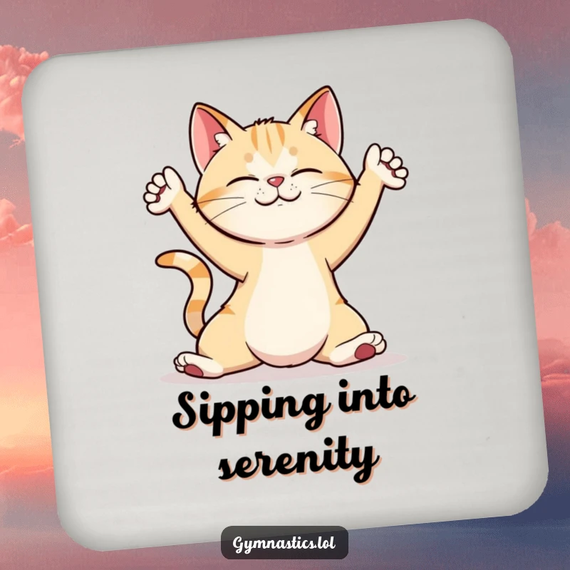Funny cat in a yoga pose printed on a coaster, offering humorous surface protection.