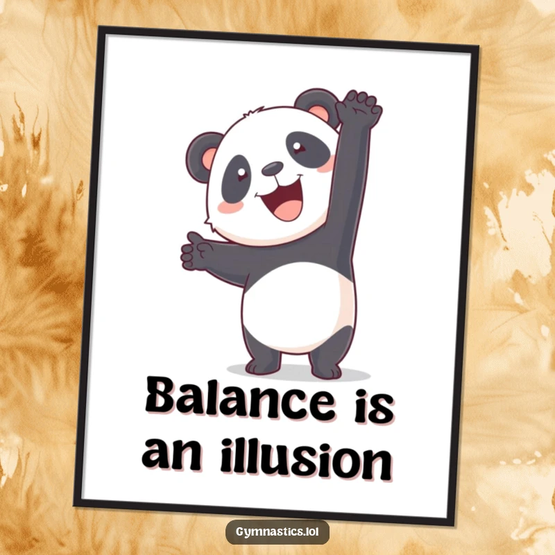 Funny panda art poster, depicted in a wobbly handstand with a smile, bringing humor to wall decor.