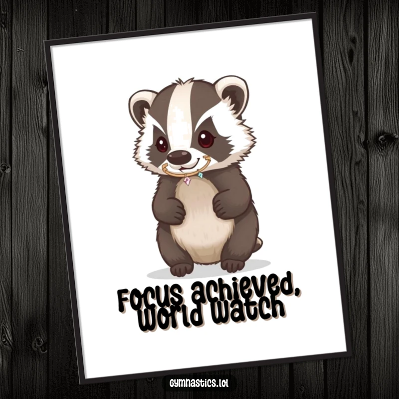 Funny Badger Poster of a determined badger balancing a tiny, sparkling hoop on its nose, conveying intense focus and humor.