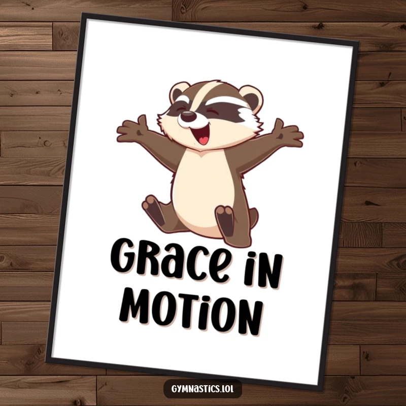 Funny badger poster depicting a graceful badger leaping mid-flight with arms outstretched, symbolizing joy, freedom, and expressive movement.