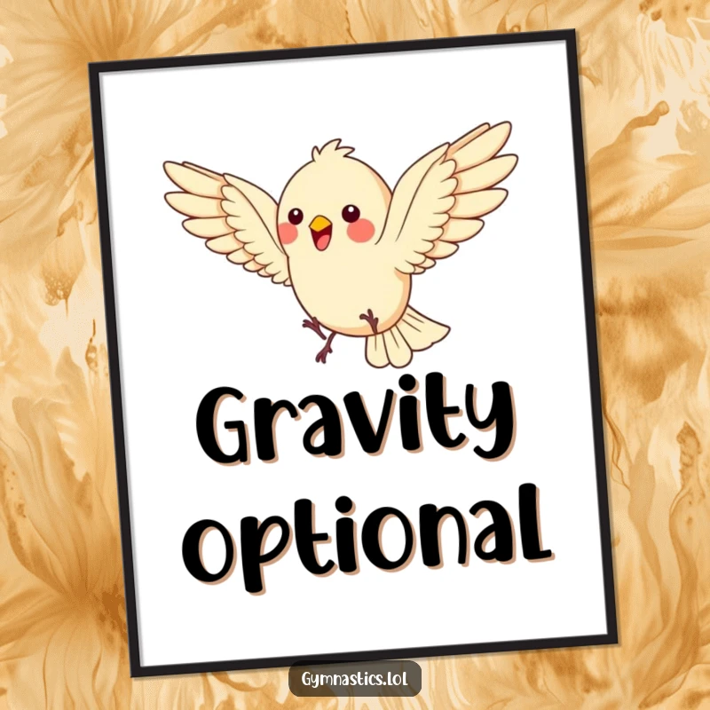 Funny Bird Poster: A bouncing bird does a somersault, wings spread wide, bringing energetic humor and avian charm to wall decor, a funny gift.