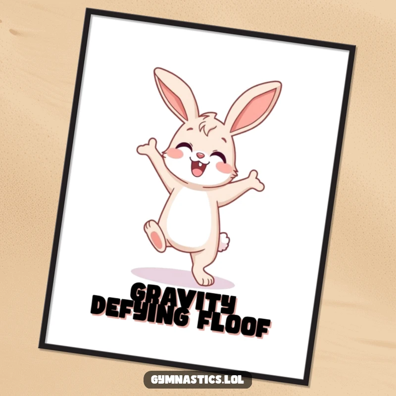 Funny Bunny Poster: Happy bunny attempting an enthusiastic handstand, showcasing determination and a cheerful, slightly unsteady pose.