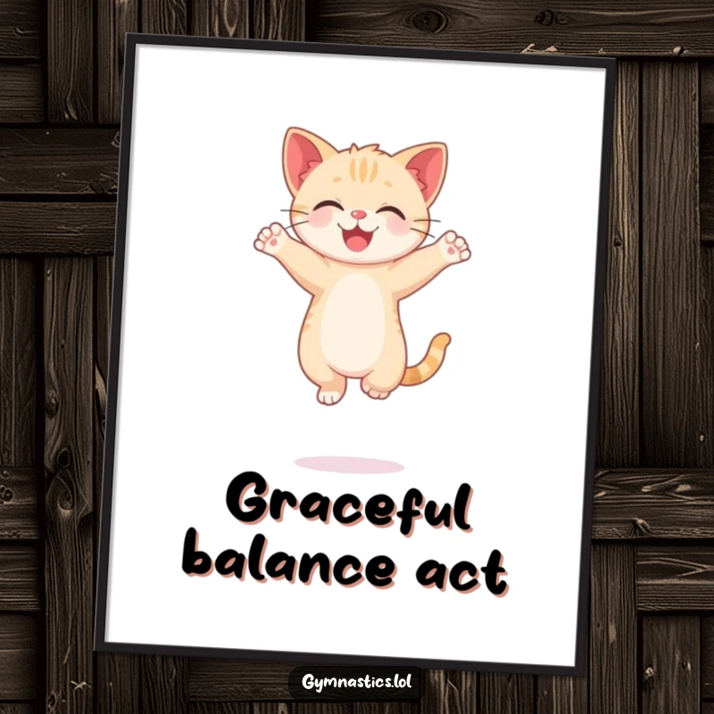 Funny Kitten Poster featuring a happy cat balancing on one paw, arms in a graceful pose, adding humor to any space.