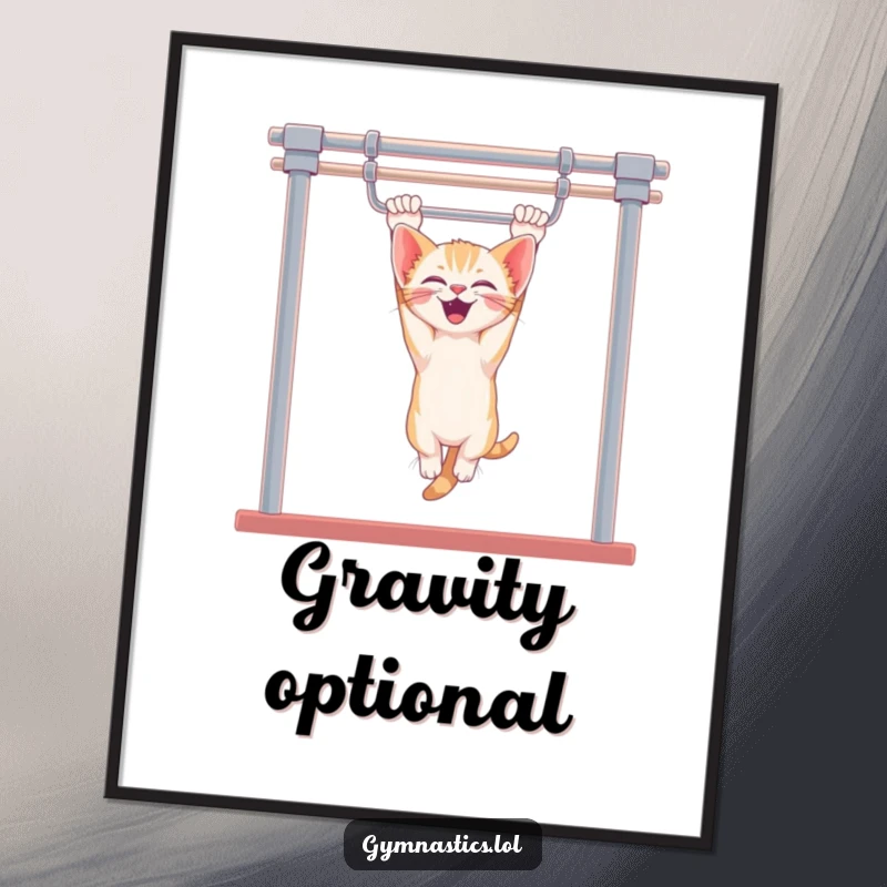 Funny kitten uneven bars poster featuring a giggling kitten hanging upside down, showcasing playful acrobatics and feline charm, perfect for whimsical decor.