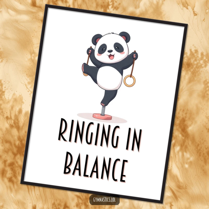 Funny panda gymnastics poster, depicted hilariously attempting a wobbly handstand on tiny rings, radiating effort and humor.