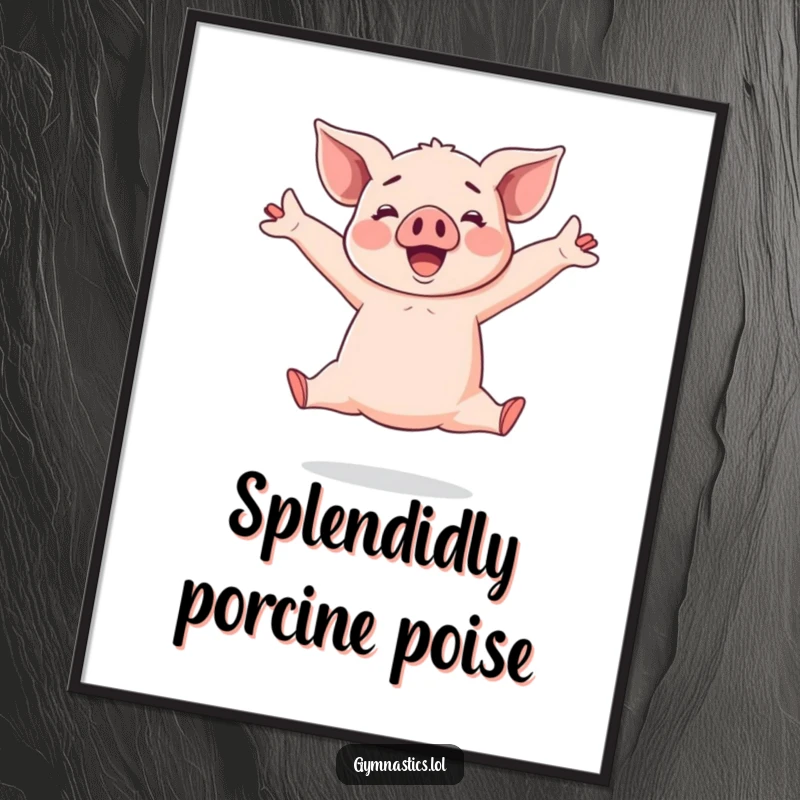 Funny Piglet Poster: Cheerful piglet mid-split leap with arms stretched wide, embodying fun and athletic prowess.