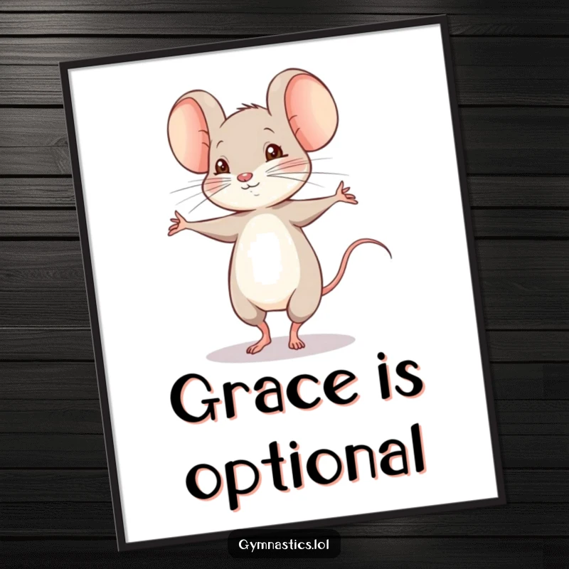 Funny shy mouse performing a shaky pirouette on a poster, whimsical wall art capturing a moment of delicate dance.