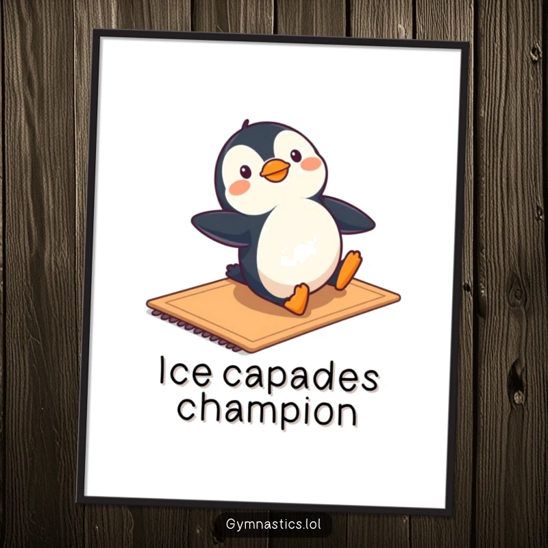 Funny poster art of a penguin sliding smoothly across a mat in a playful gymnastic move, radiating happiness.