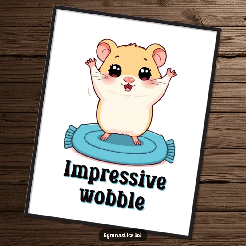 Funny poster displaying a plump hamster with wide eyes attempting a shaky handstand on a small blue mat, full of comical determination.