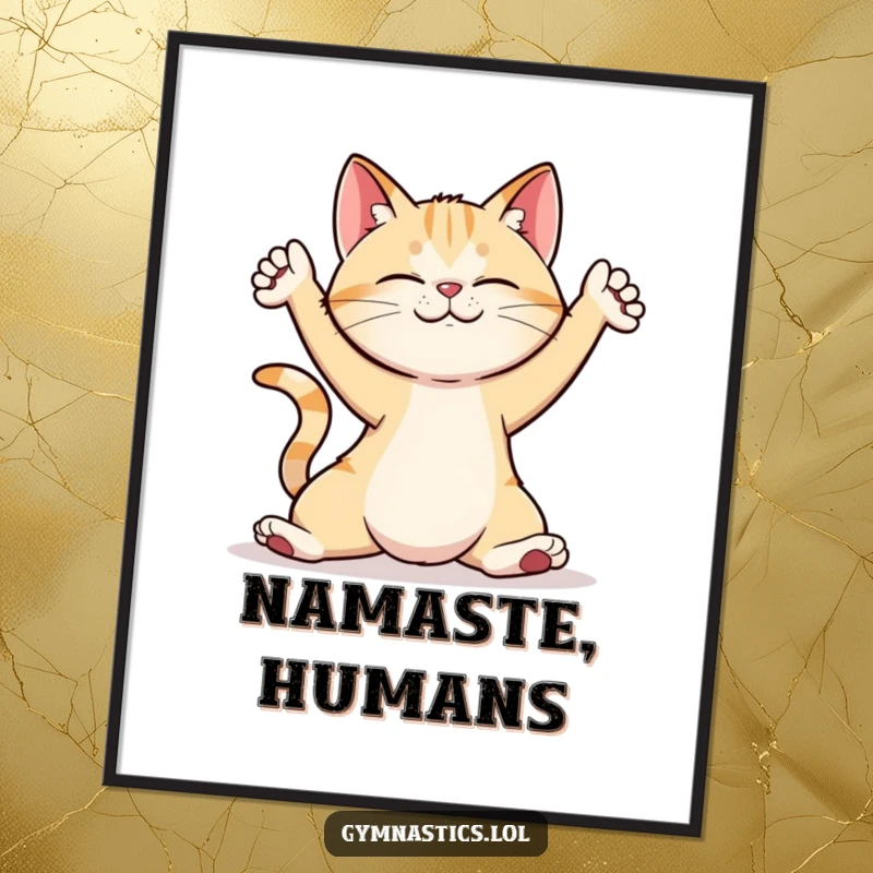Funny cat art poster, depicted in an impossible yoga pose, bringing humor and whimsy to wall decor.