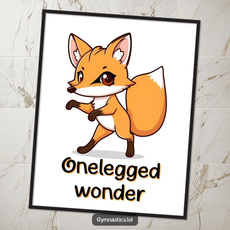 Funny poster art of a determined fox artistically balancing on one leg, big eyes staring with hilarious intensity.
