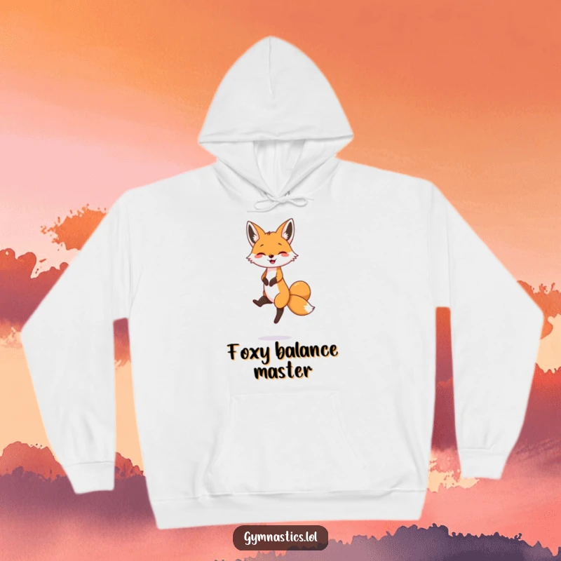Funny hoodie depicting a smiling fox effortlessly balancing on a single small foot, embodying playful confidence and humor.