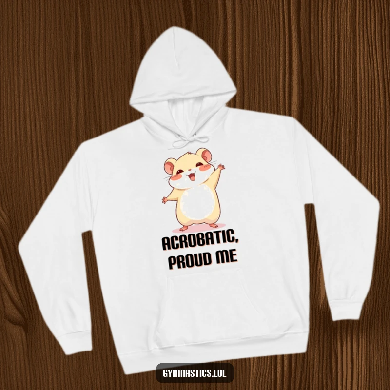 Funny chubby hamster costume hoodie, performing a proud cartwheel with a wide smile, embodying cheerful self-confidence.