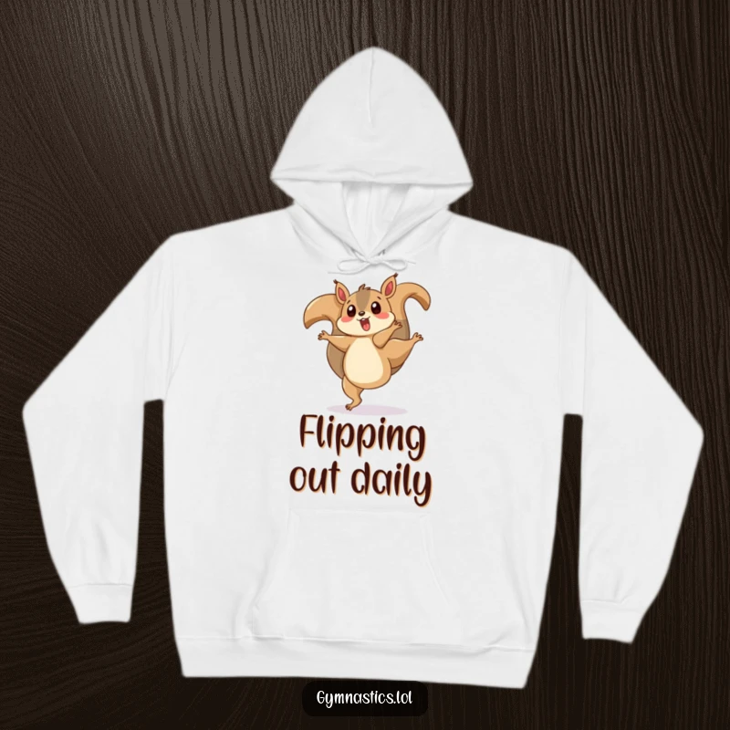 Funny hoodie featuring a surprised squirrel performing a playful cartwheel with its tail twirling, offering cozy humor and charm.