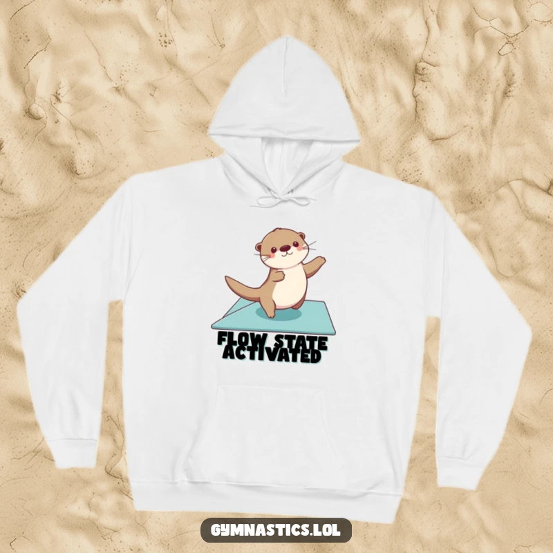 Funny otter hoodie showing a graceful otter gliding across a floor exercise mat, arms sweeping, perfect for cozy, elegant humor.