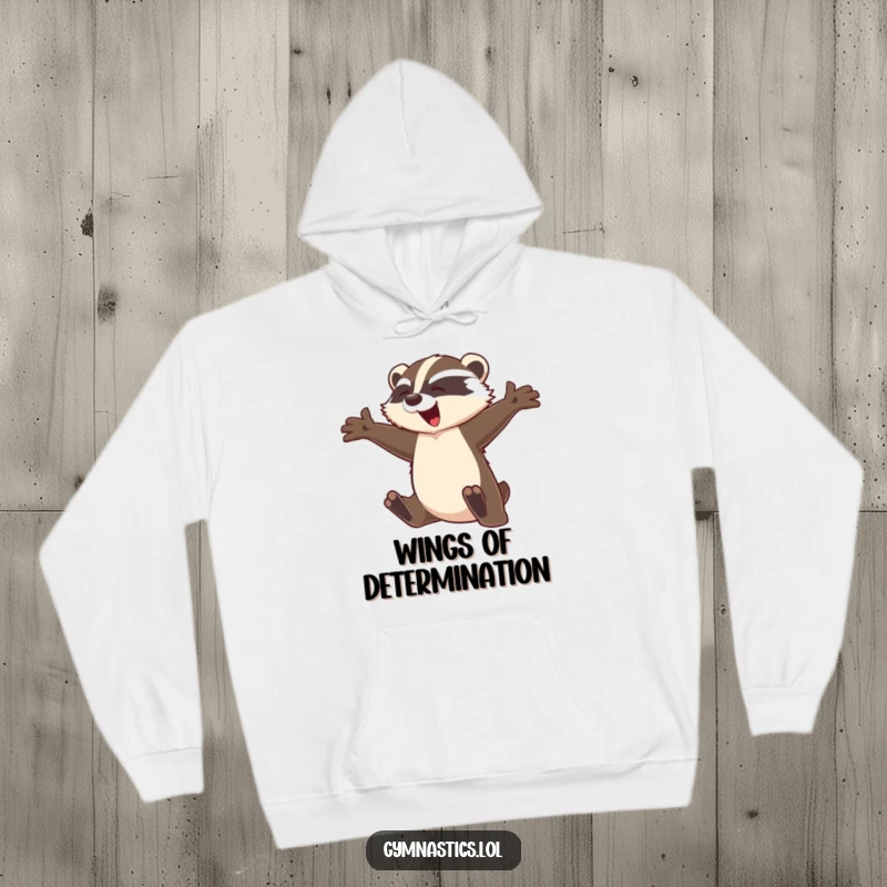 Funny badger hoodie showing a graceful badger leaping mid-flight with arms outstretched, offering cozy warmth and humorous expression.