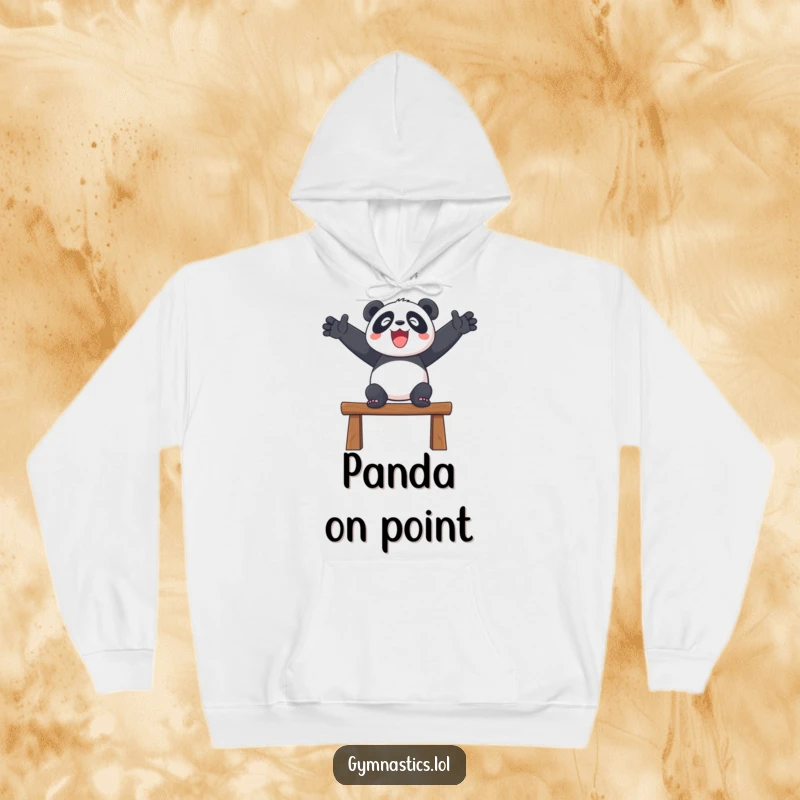 Funny hoodie showcasing a delighted panda balancing on a beam with arms outstretched, radiating calm amusement.