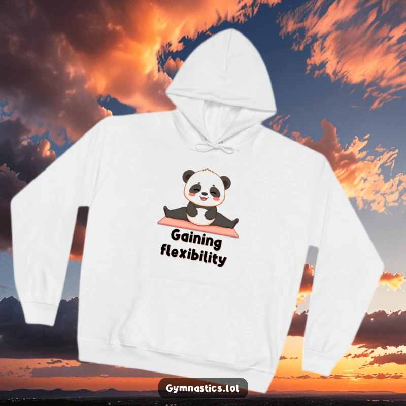 Funny panda hoodie showing a contented panda cub attempting to do a split on a yoga mat, perfect for cozy, cute yoga.