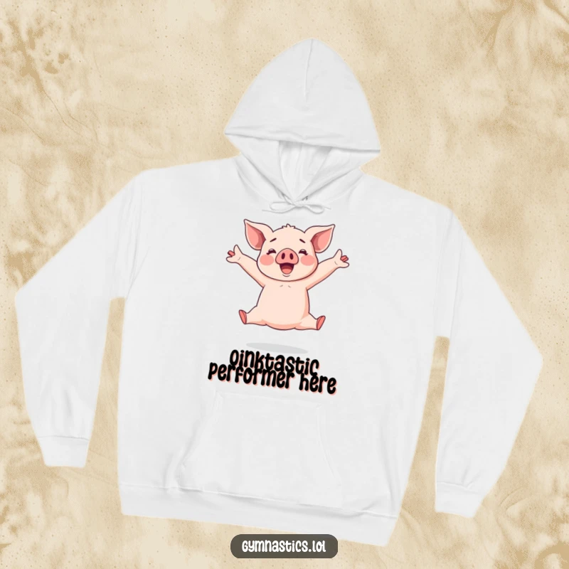 Funny Piglet Hoodie: Cheerful piglet performing an energetic split leap, arms wide, radiating warmth and playful enthusiasm.