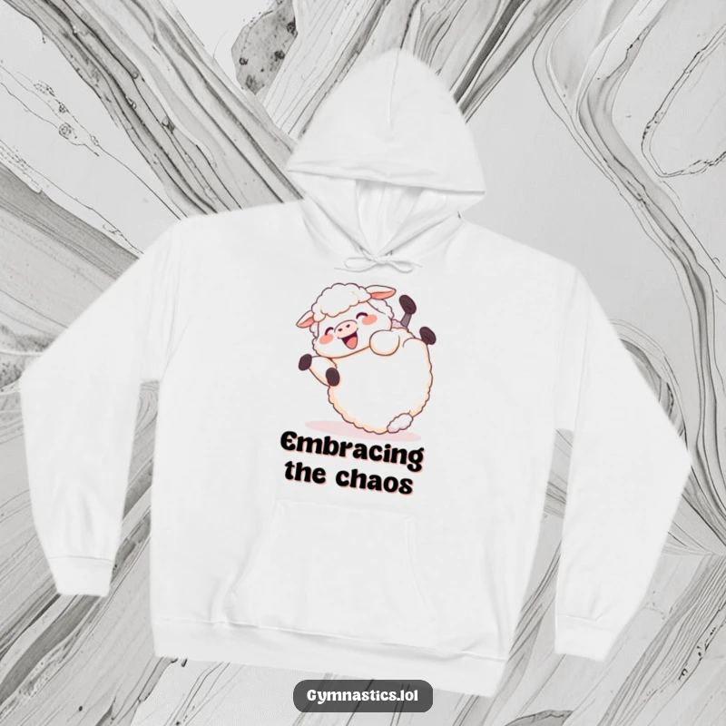 Funny Hoodie: A giggling sheep enjoys a playful tumble, rolling end over end, perfect for cozy, humorous relaxation.