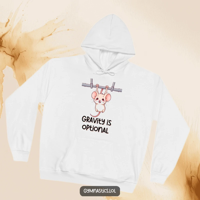 Funny mouse hoodie showing a mischievous mouse hanging upside down from uneven bars, smiling, perfect for cozy athletic humor.