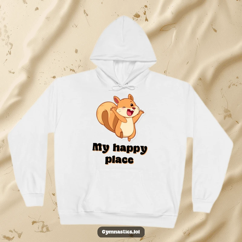 Funny, cozy hoodie featuring a playful squirrel doing a somersault, its huge grin signaling pure delight.