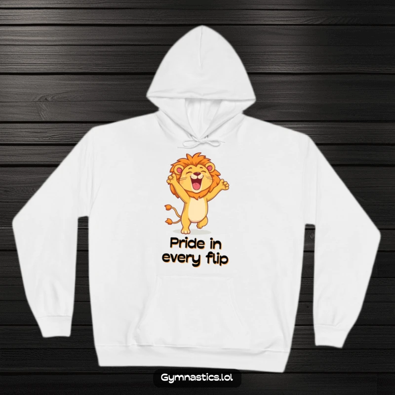 Funny lion hoodie showcasing a proud lion in a handstand, roaring with delight, exuding regal humor and power.