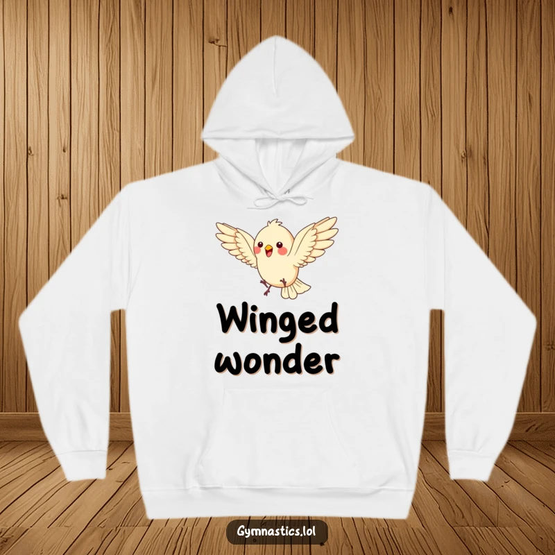 Funny Bird Hoodie: A bouncing bird does a somersault, wings spread wide, offering cozy comfort and energetic humor, a great funny gift.