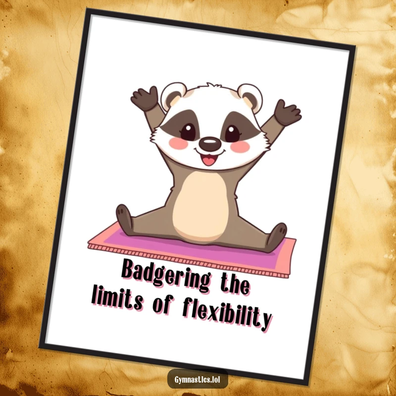 Funny Free Printable Wall Art: Cheerful badger demonstrating an impressive split on a colorful gymnastics mat.