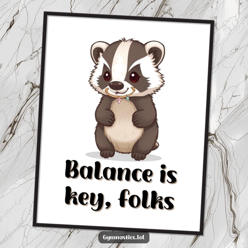Funny Free Printable wall art of a determined badger balancing a tiny sparkling hoop on its nose, adding quirky charm.