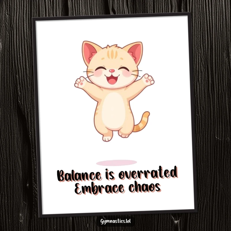 Funny Free Printable Wall Art: A cute and clumsy kitten performing a hilarious balancing act on its paw.
