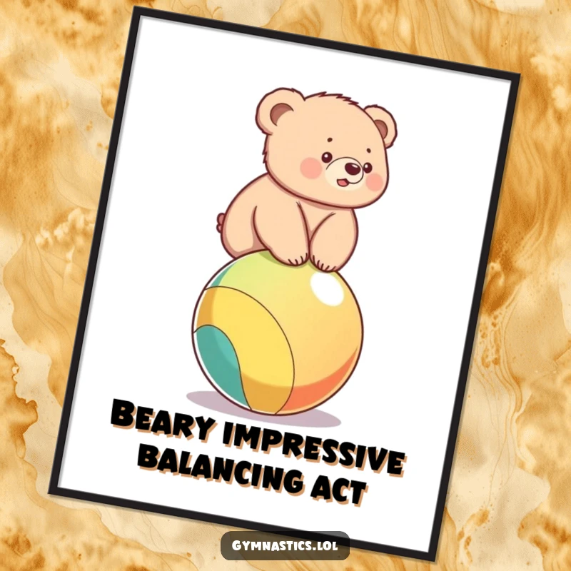 Funny free printable wall art: A cute bear cub teetering on a colorful ball, bringing smiles to your space.