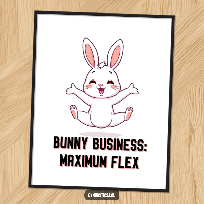 Funny Free Printable Wall Art: A cheerful bunny executing a flexible split with legs askew, a humorous art piece.