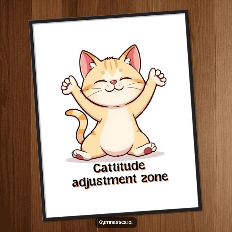 Funny free printable cat in a whimsical yoga pose, serene yet humorous downloadable wall art for a balanced space.