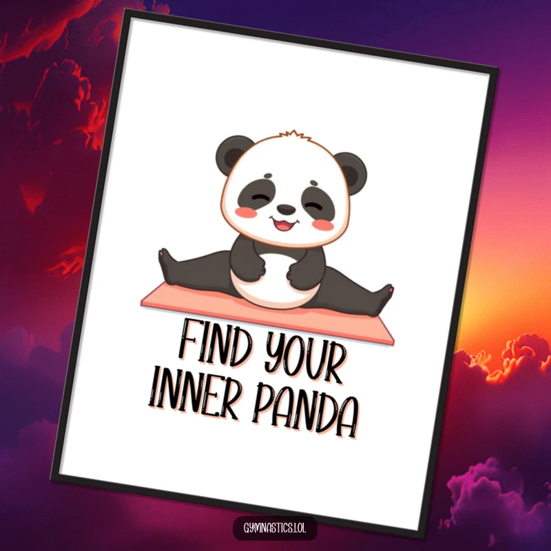 Funny Free Printable Wall Art: A contented panda cub achieving a split on a yoga mat with a peaceful expression. A humorous DIY decor.